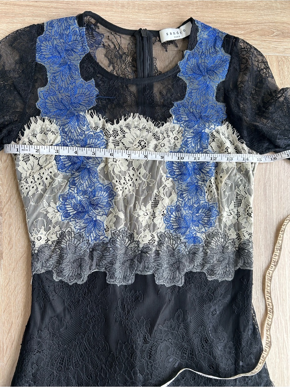 Sandro Paris Lace Floral-Accent Mini Dress Black White Blue 4 S Small - Picture 10 of 12